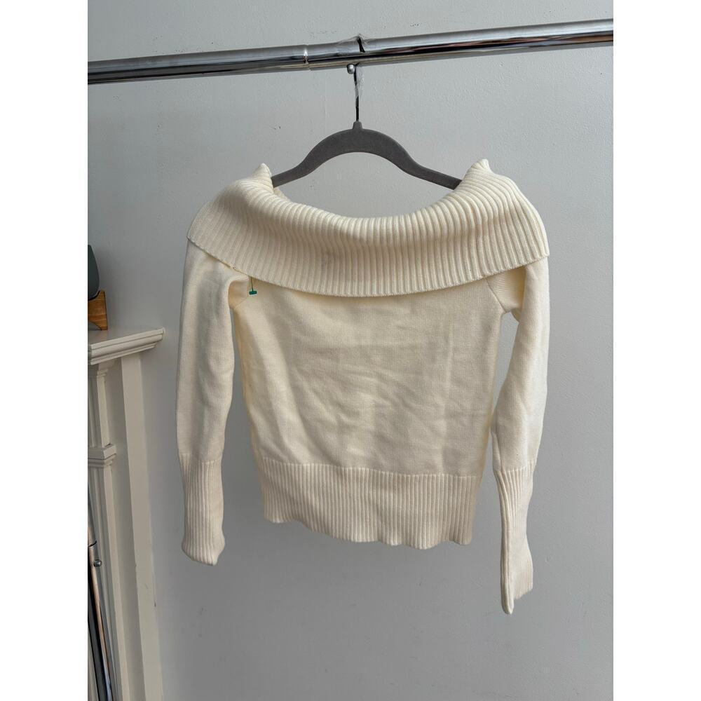 Women’s Ivory Off Shoulder Sweater Ribbed Foldover Cowl Neck Knit Pullover - Picture 4 of 10
